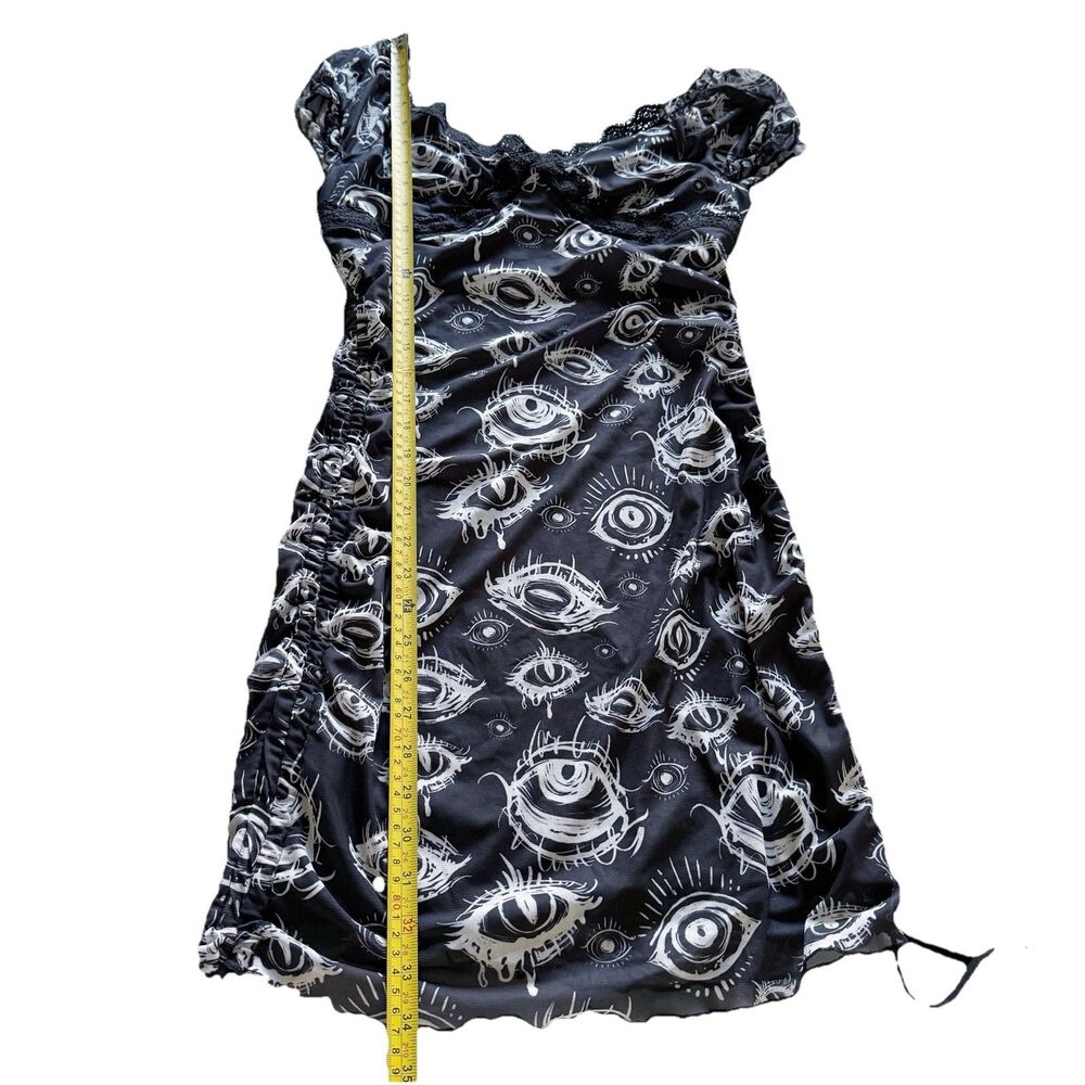 Grunge Punk Eye Eyeball Goth Drawstring Cinched Black Dress L Large Ruched - Picture 3 of 16